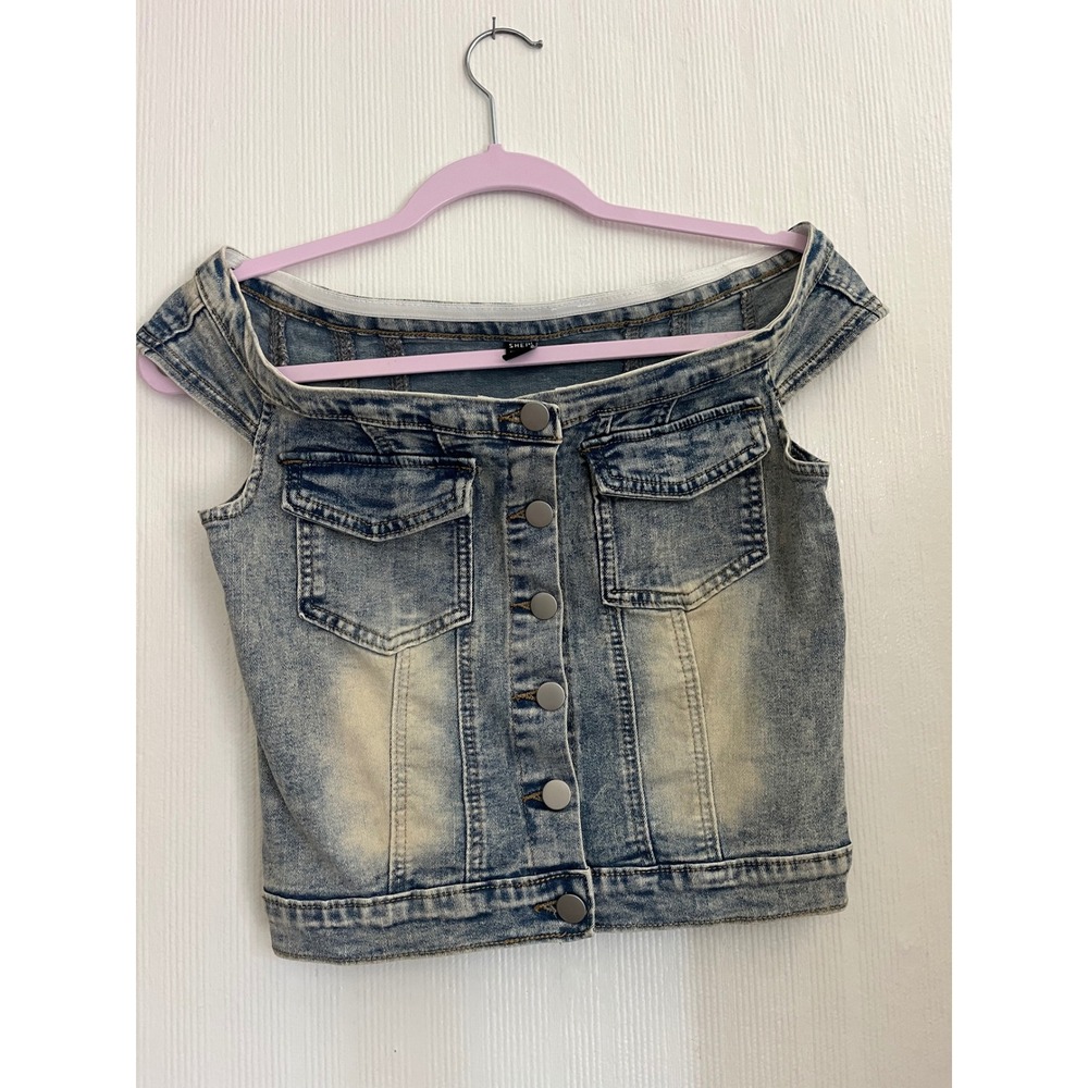 Shein Women's Blue Denim Button Up Off The Shoulder Top Vest Size S